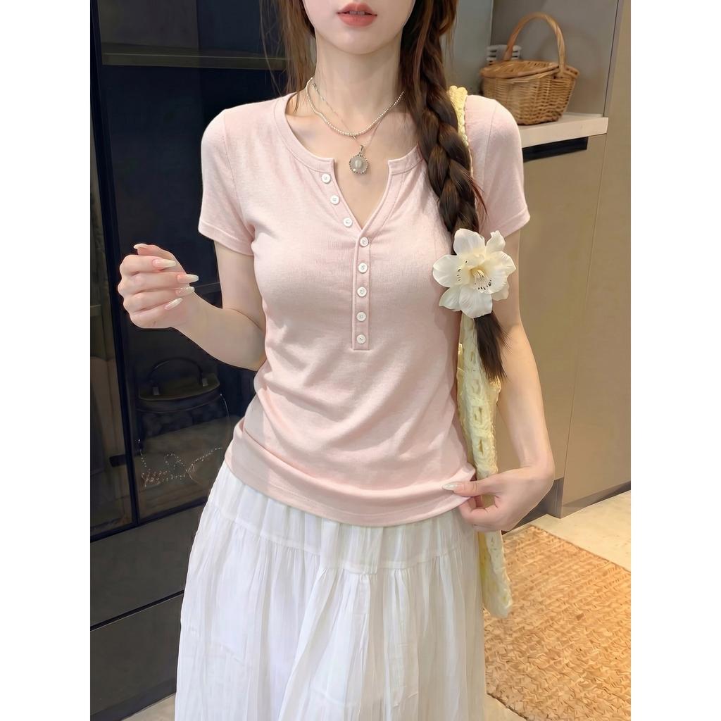 Light Blue Ice-feeling Thin Knitted Henry Half-open Button Short-sleeved Women's Summer Fresh White Gentle Wind Knitted T-shirt Top