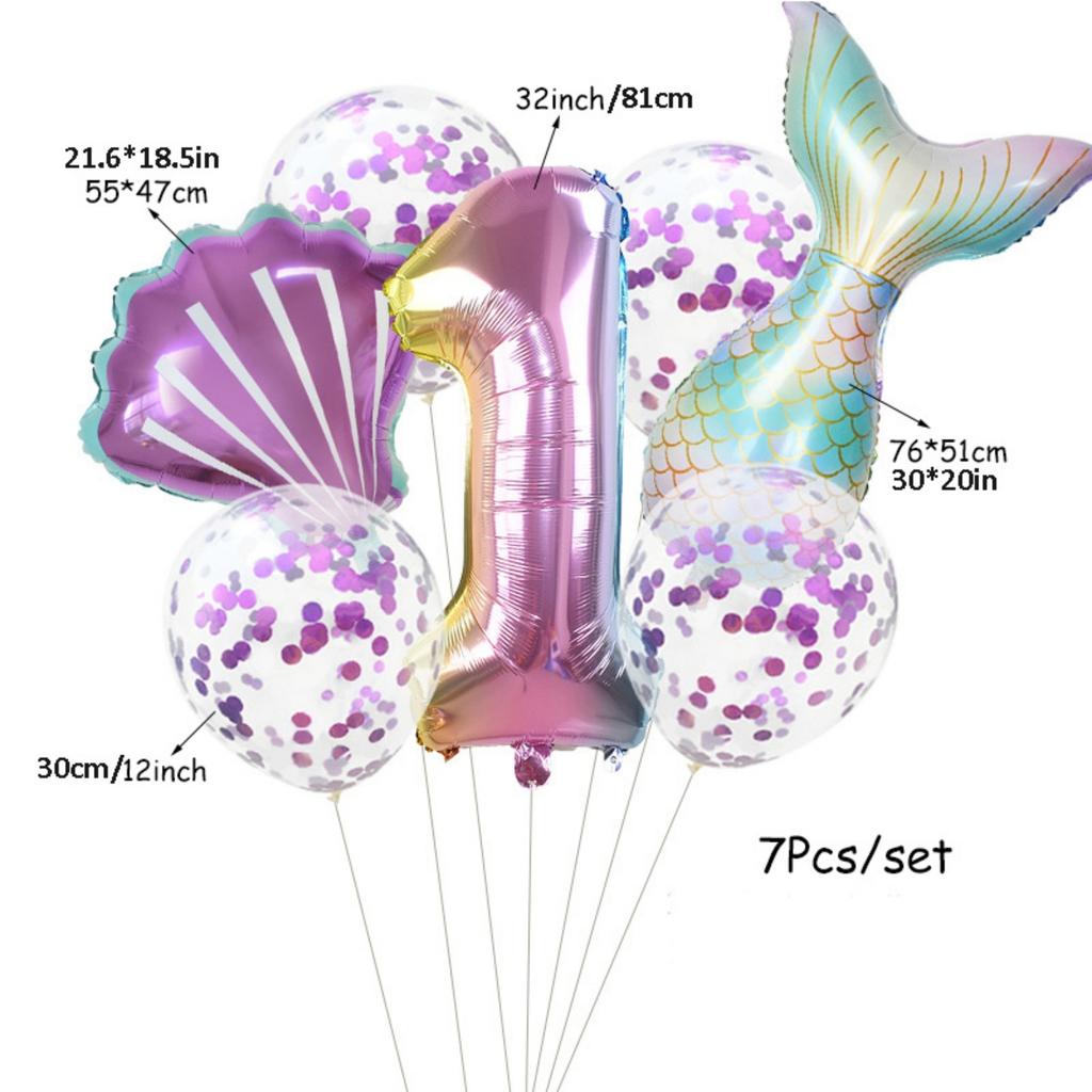 7Pcs/set Mermaid Party Number Balloons Gradient Color Number Foil Balloon Kids Little Mermaid Theme Birthday Baby Shower Party Decorations