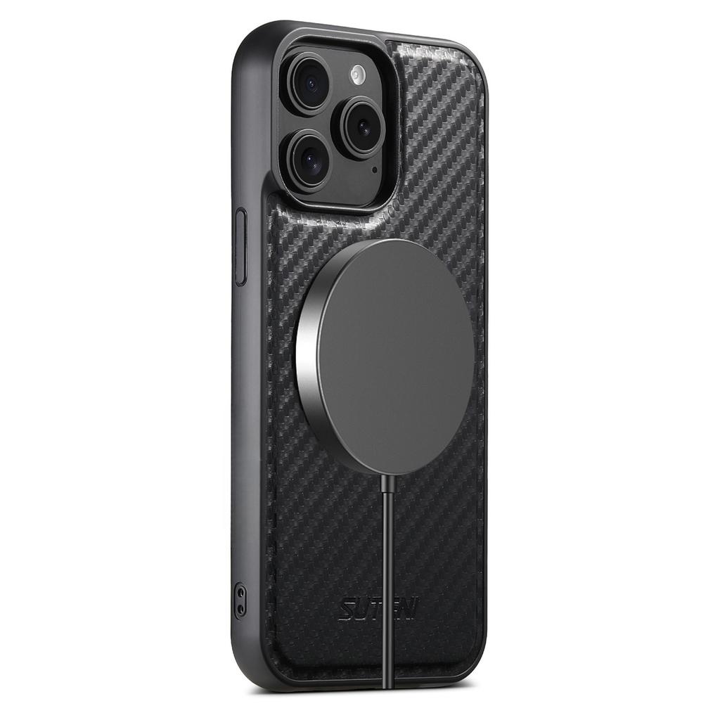 SUTENI G3 For iPhone 13 Pro Max Magnetic Case Rotating Kickstand Carbon Fiber Texture Leather Phone Back Cover