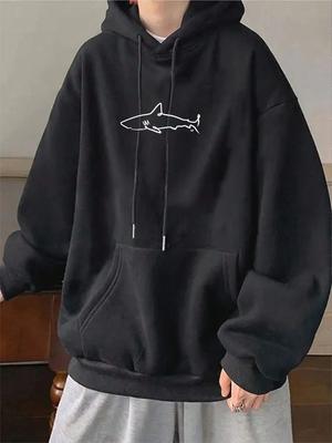 Einfacher Hai-Druck-Hoodie für Unisex, Känguru-Tasche, Kordelzug-Pullover, Thermo-Fleece, warme Sweatshirts, Herbst-Freizeitkleidung