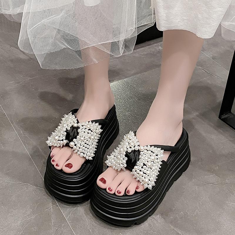 Platform sandals women's shoes shoes summer wear new pearl beach one-word drag