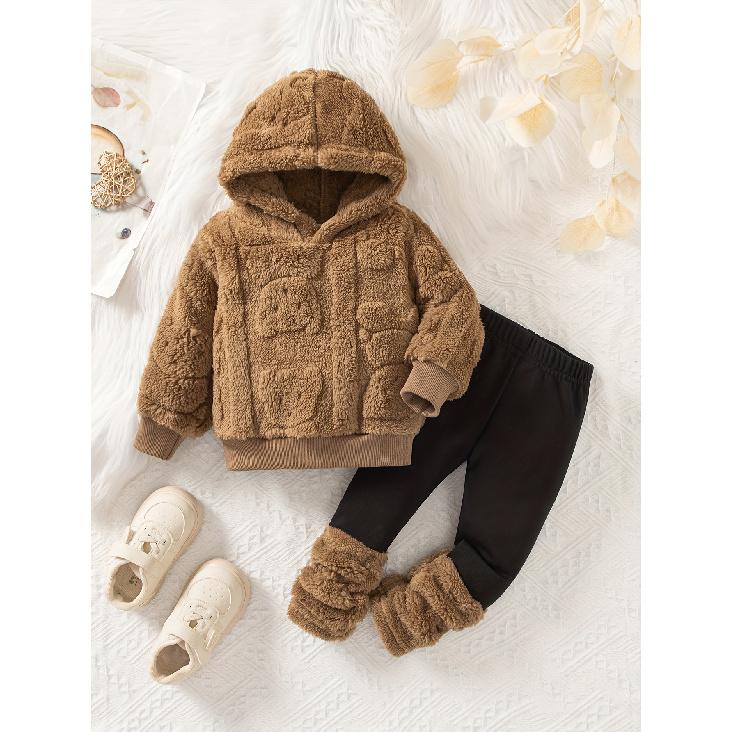 high quality[Girls' Bear Hoodie Set] Girls' Warm Plush Bear Hoodie & Pants Set | Casual Cute Two-Piece with Little Bears Pattern | Autumn Winter
