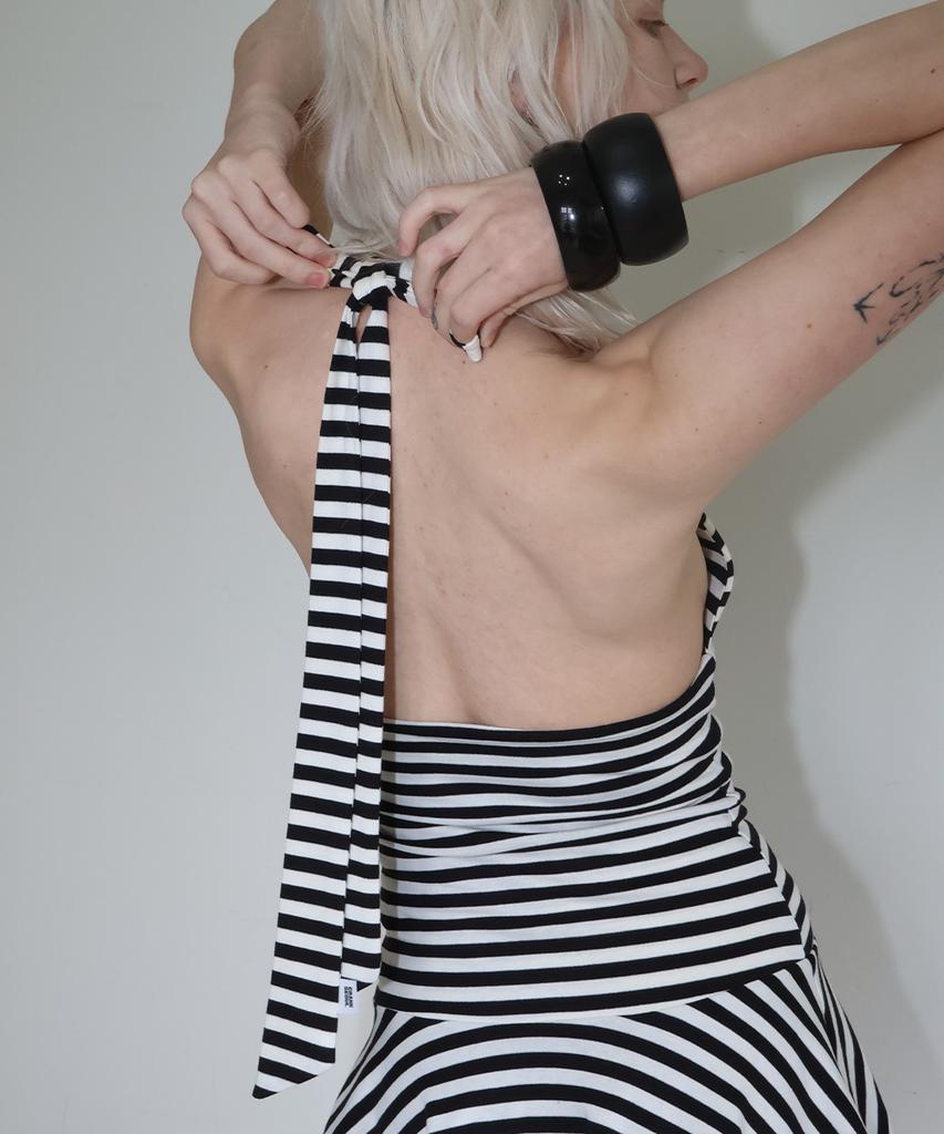 Crank Low Back Striped Halter Dress_Black