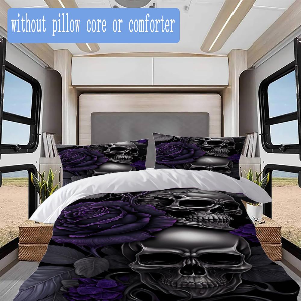 Purple skull and roses Pattern Bedding,Quilt Set Quilt Cover Pillowcase Home Birthday Gift (1*duvet cover+2*pillowcase,without core)SSJT0917587