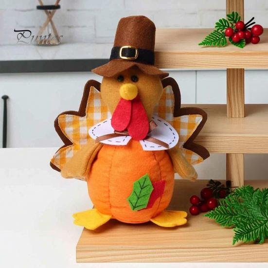 Stuffed Fabric Turkey Thanksgiving Plush Doll, Animal Figurine, Autumn Fall Fireplace Accents Harvest Tabletop Decoration for Home Desktop Tired Tray