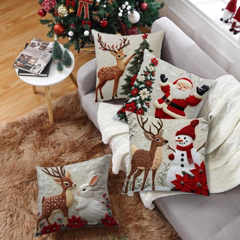 Christmas Embroidered Pillow Covers Set of 4 Santa Deer Snowman Cushion Cases Winter Holiday Sofa Decor (No Insert)