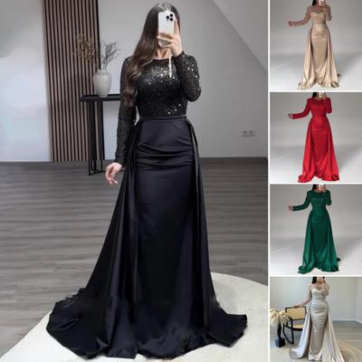 Sequin Sheer Mesh Long Sleeve Maxi Dress for Women Flowy Glitter A-line Long Dress Formal Cocktail Evening Gown