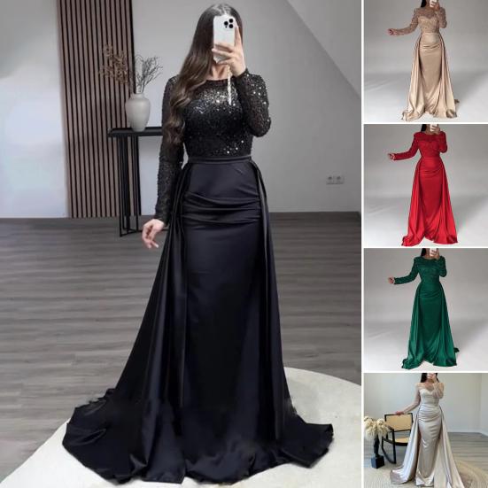 Sequin Sheer Mesh Long Sleeve Maxi Dress for Women Flowy Glitter A-line Long Dress Formal Cocktail Evening Gown