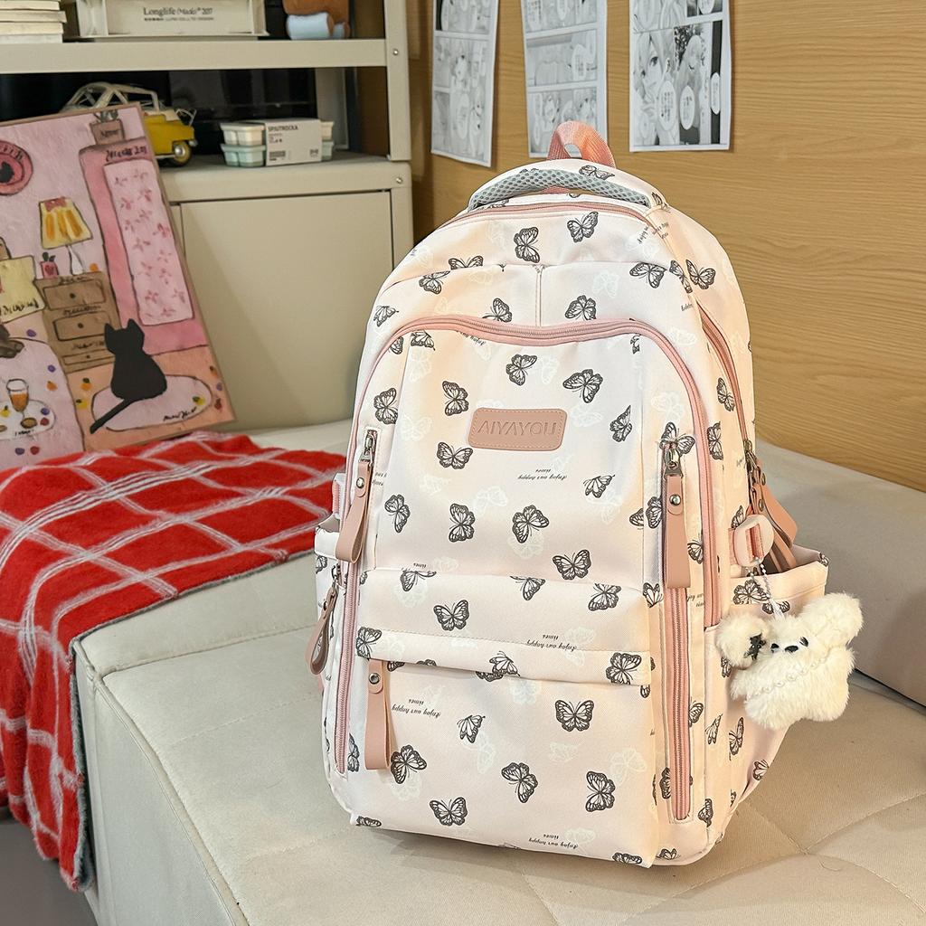 Schoolbag New Schoolbag College Style Light and Cute Backpack Junior High School Students Girls National Style Butterfly Printing Light Backpack