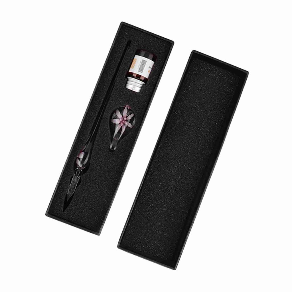 Retro   Elegant Flower Glass Dip Pen Signature Ink Fountain Pen with Ink Penholder Pink