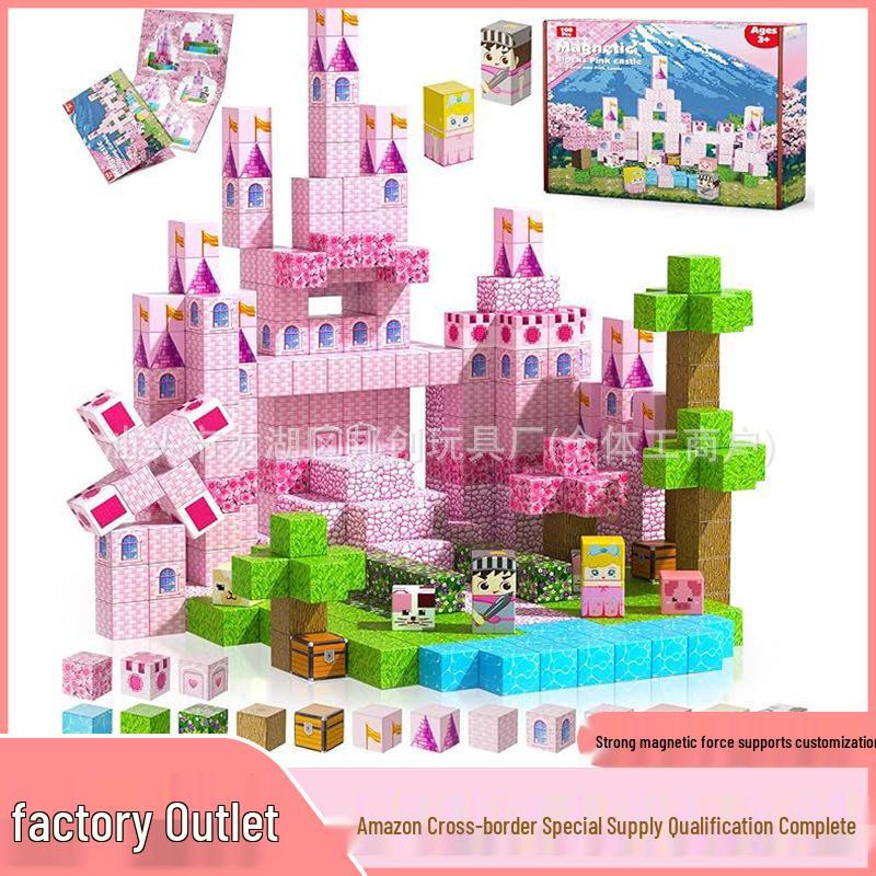 Cross My Magnetic Building Blocks Cube World: Pink & Blue Castle Magnetic Pieces for Kids' Educational Play