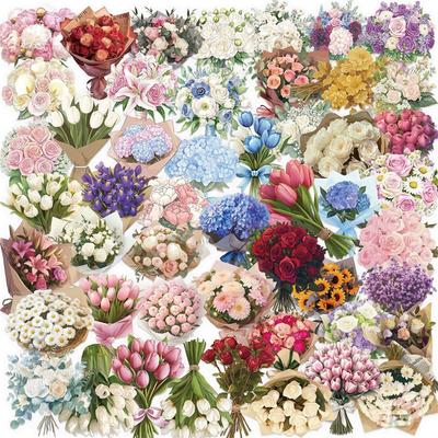 50Pcs/Set Beautiful Flowers. Romantic Bouquets PET Stickers Waterproof DIY Fashion Doodle Decals Stickers