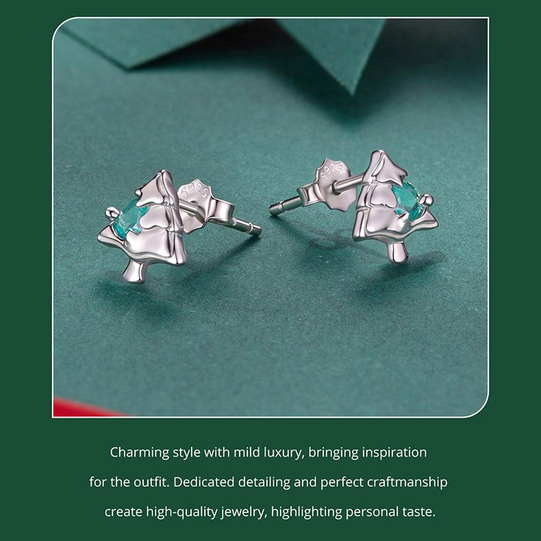 Everle Christmas Tree Stud Earrings, S925 Sterling Silver, Rhodium Plated Holiday Jewelry