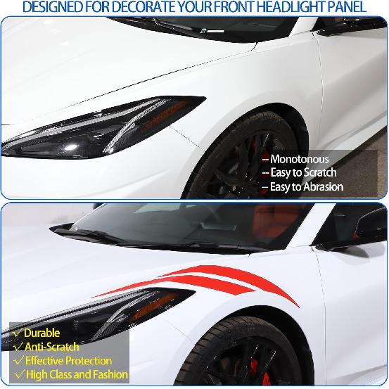Front Headlight Decals Compatible with Chevrolet Corvette C8 2020-2026, Headlight Fender Stripes Sticker, Car Front Headlamp Decals Sticker