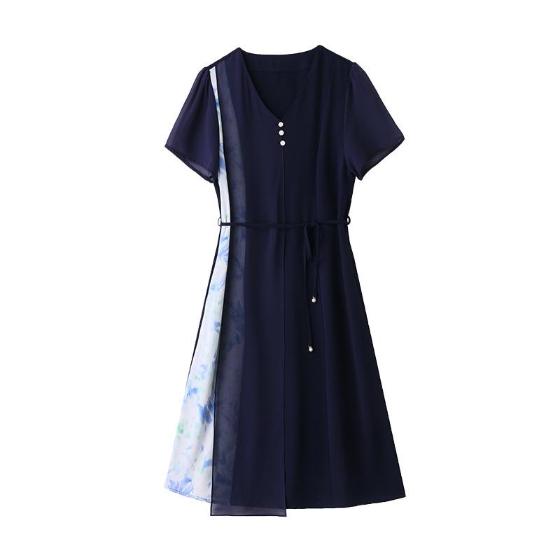 2025 Women's V-Neck Ink Print Color Block Dress with Pendant Belt