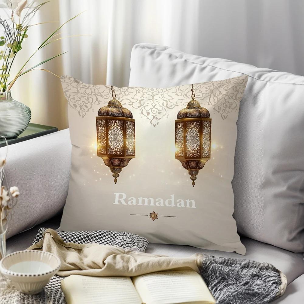 Short Plush Material Pillowcaseramadan Decoration Pillow Cover Crescent Moon Fasting Lamp Pattern Printing Home Room Living Room