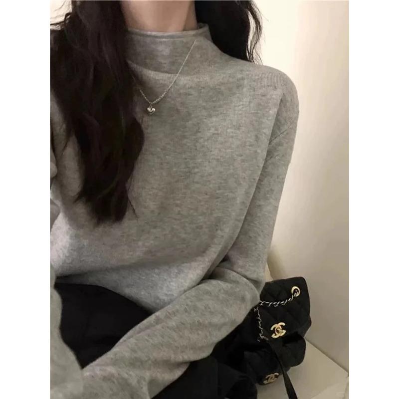Temperament Soft Waxy Semi-turtleneck Sweater Bottoming Shirt Women's Autumn and Winter Velvet Thickened Solid Color Knitted Top with Inside