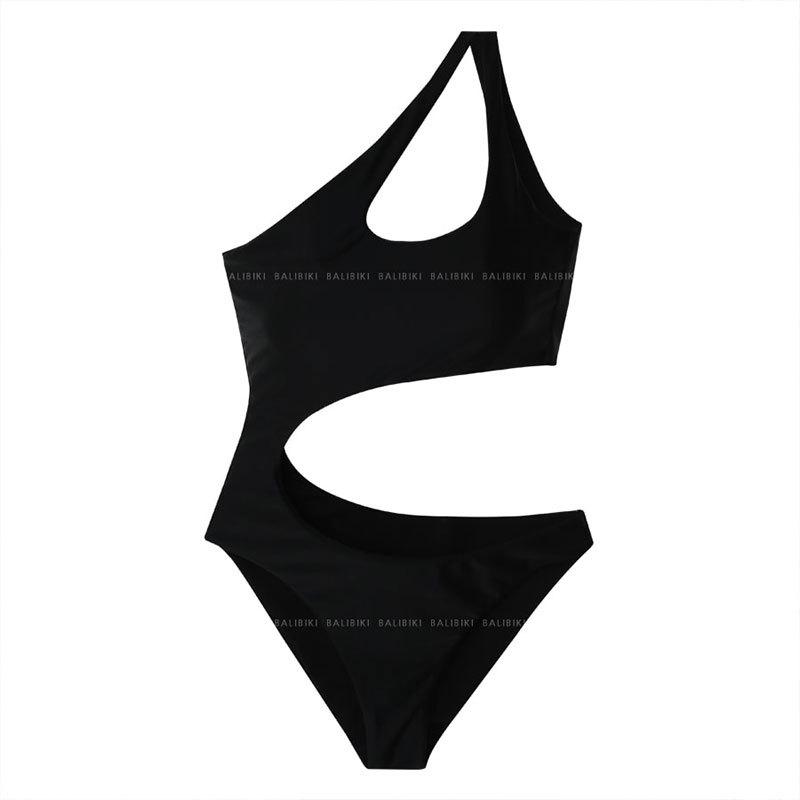 Korean one-piece sexy shoulder hollow solid color swimsuit hot spring vacation swimsuit women