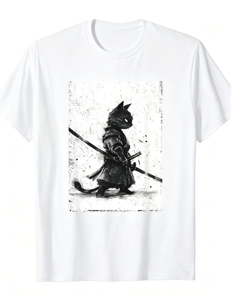 Interesting Unisexs Retro UkiyoE Style Samurai Cat Theme Cotton TShirt Japanese Cat Samurai Art Print ShortSleeved Shirt