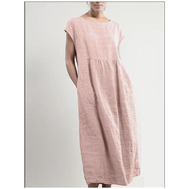 QICED Fashion Summer Spring Solid Color Print Short Sleeve O-Neck Casual Dresses
