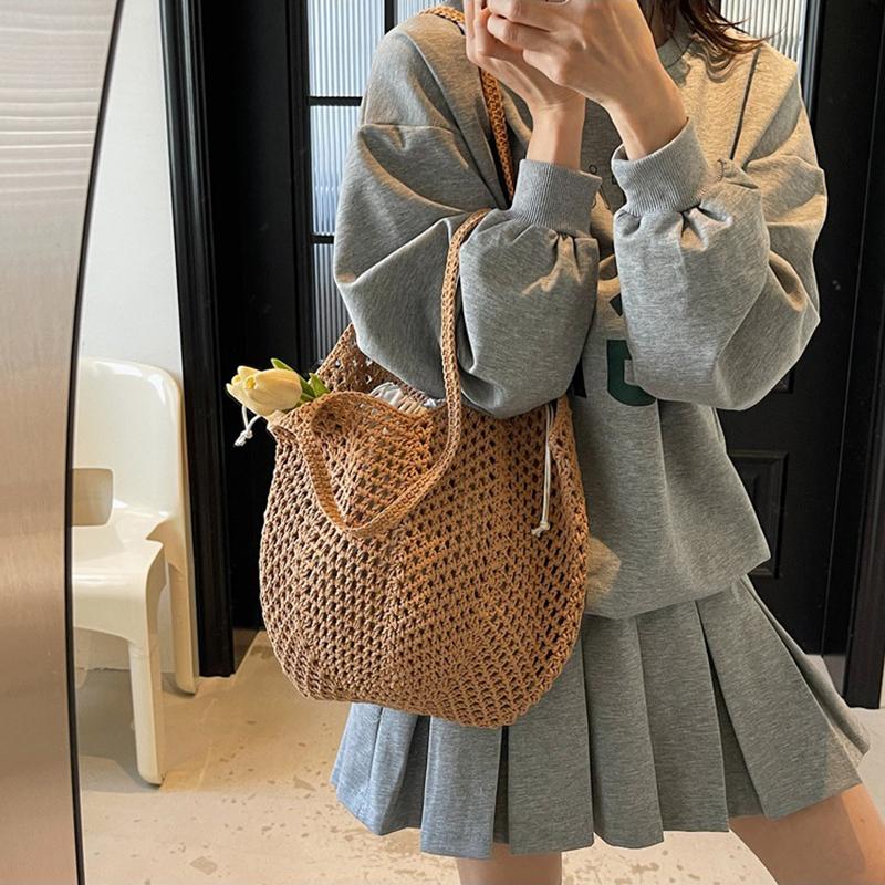 Yogodlns Summer Beach Woven Tote Bag For Women Hollow-out Lightweight Large Capacity Shopper Shoulder Bag with Inner