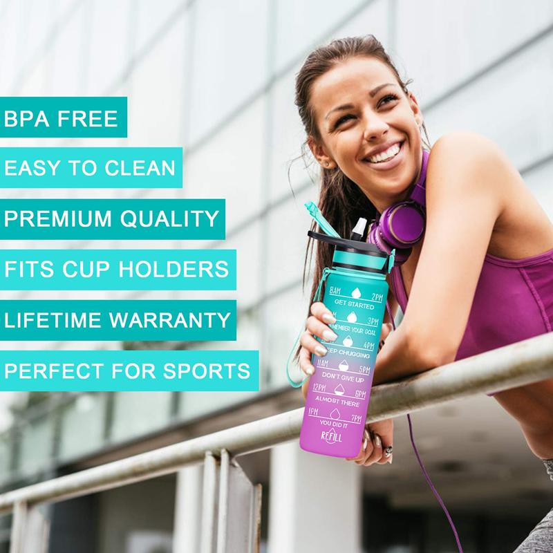 1L Sport Water Bottle with Time Marker Straw Leakproof BPA Free Lightweight To Carry Drinking Kettle for Fitness Gym and Outdoor Activity Athletic