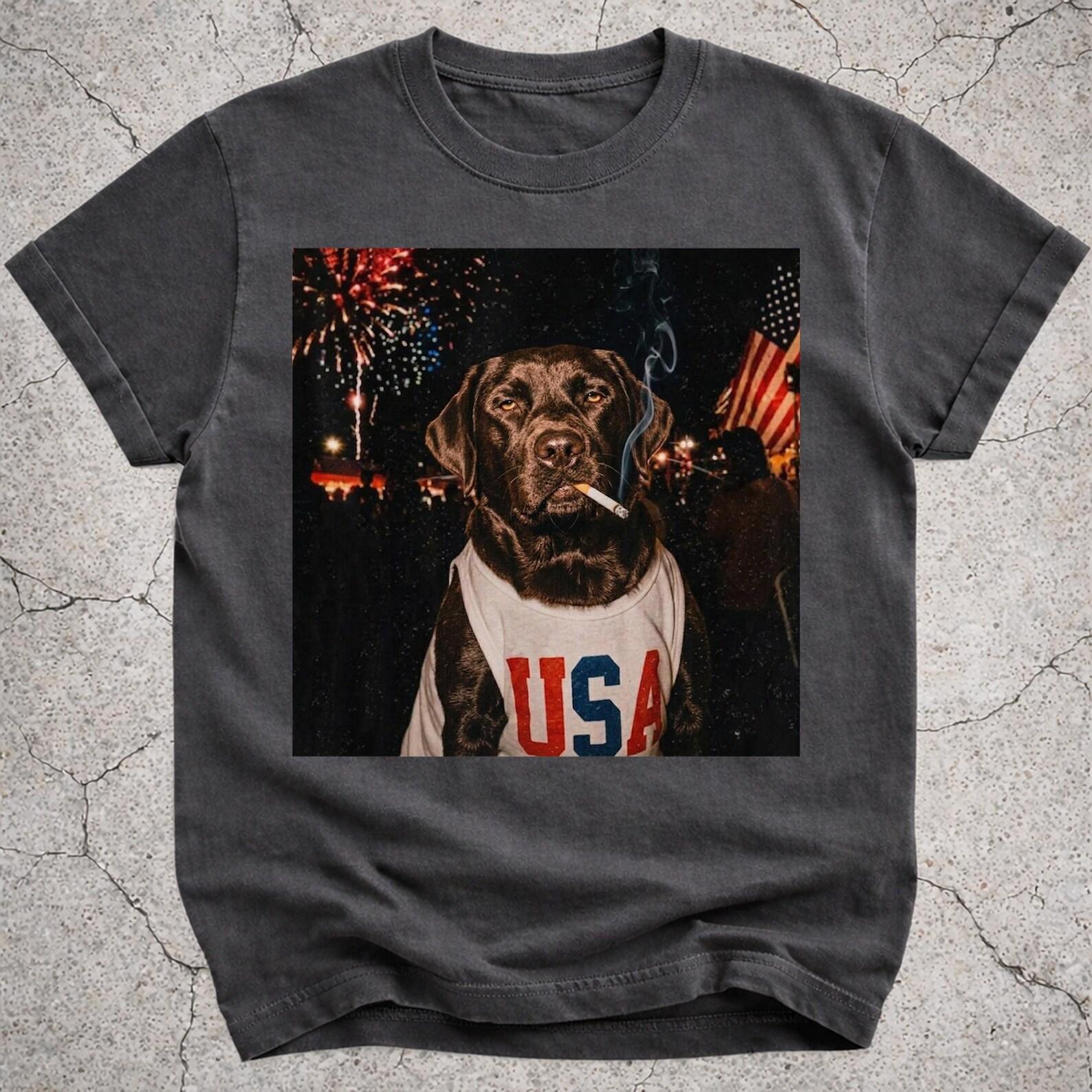 Patriotic Smoking Chocolate Lab Shirt, Vintage 4th of July Tee, Funny Labrador Retriever T-Shirt, Independence Day Gift, America 250 Tee 2XL