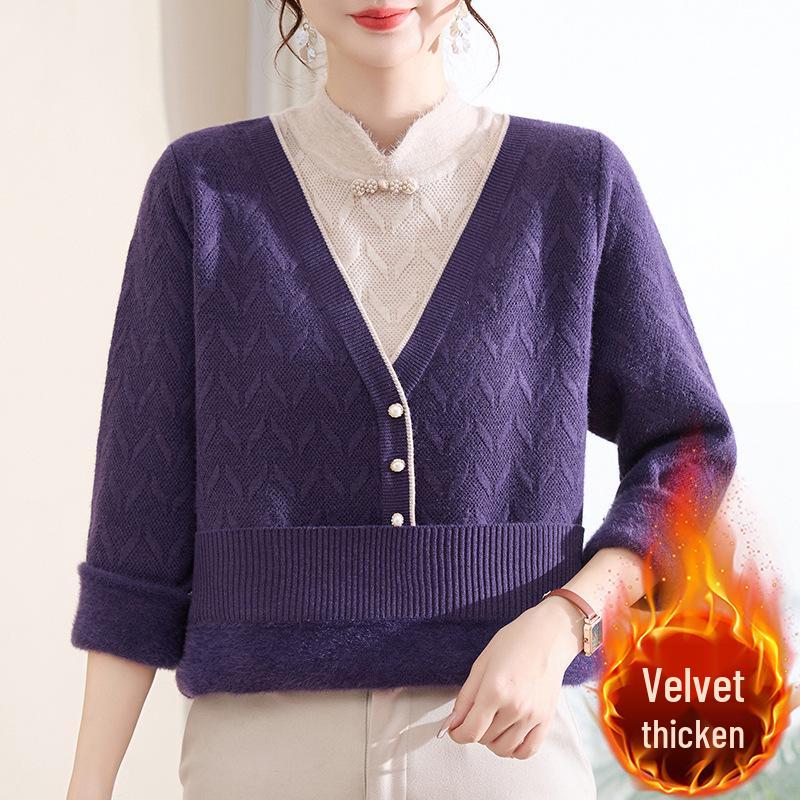 2025 Autumn/Winter New Arrival: Loose Long Sleeve Knit Sweater for Middle-Aged and Elderly Women - Simple, Comfortable Fake Two-Piece Style