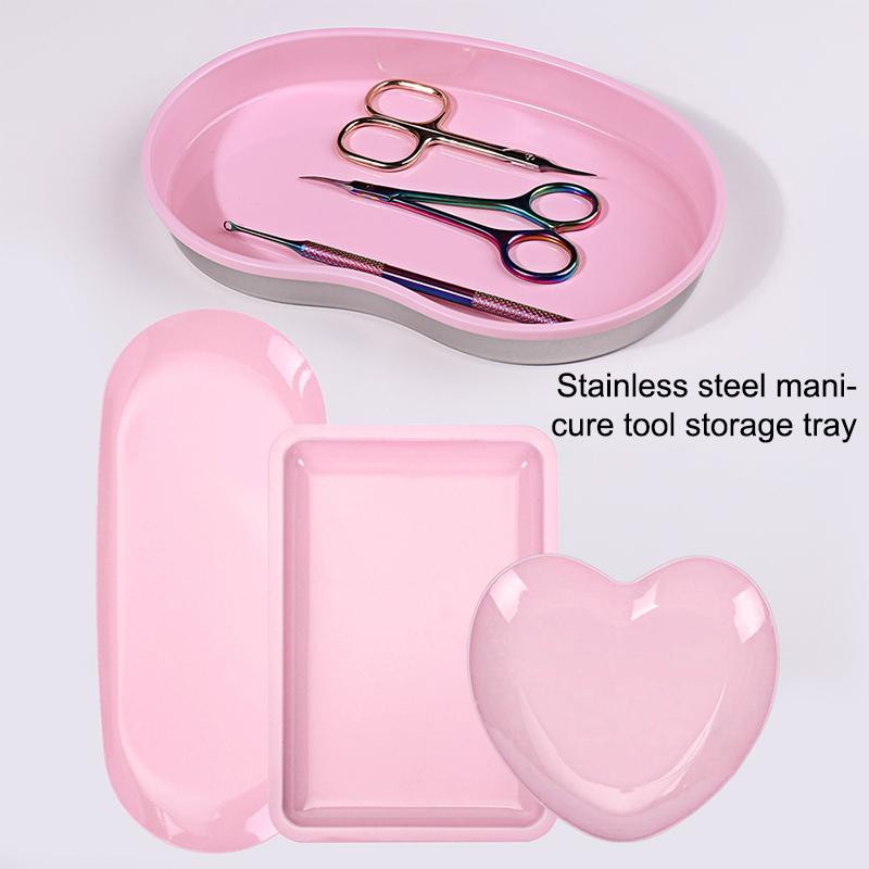 Pink Stainless Steel Nail Tool Rhinestone Storage Display Cosmetic Jewelry Tray Plate Doctor Surgical Desktop Storage