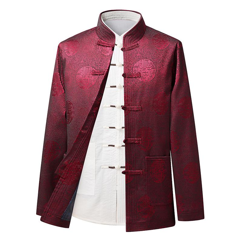 Men's Autumn Stand Collar Tang Suit Jacket - Long Sleeve Casual Coat for Middle-Aged & Elderly