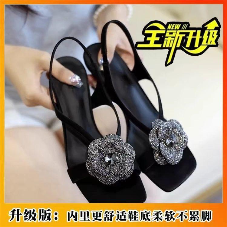 High value retro camellia temperament elegant sandals new feeling with skirt high heels 35