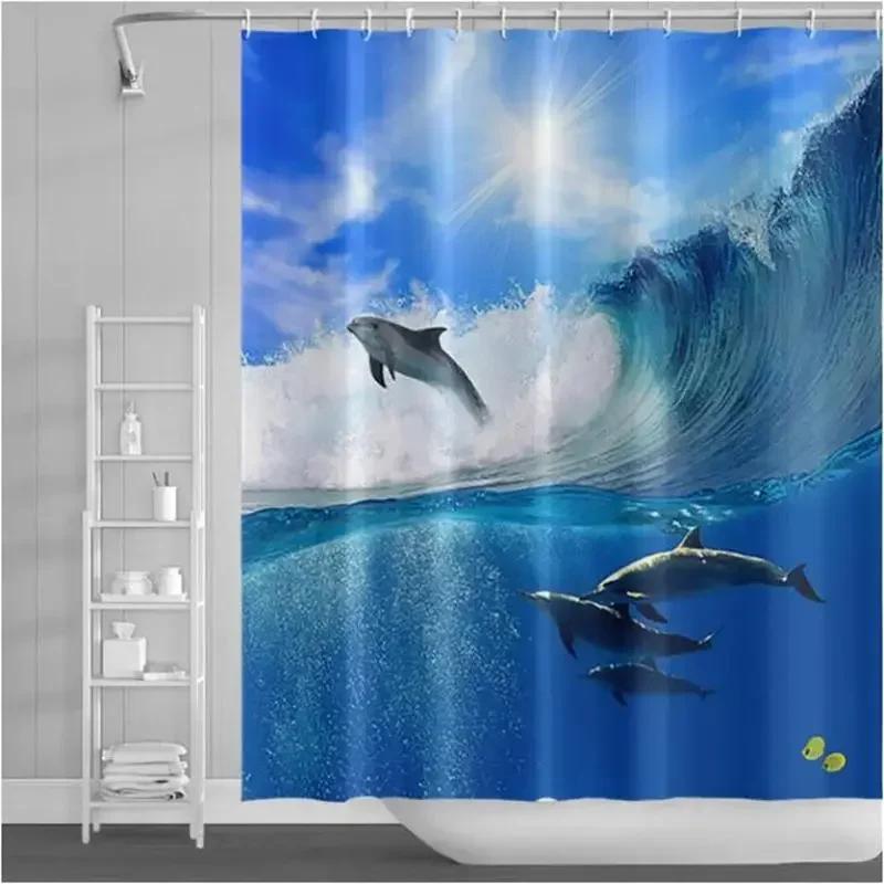 Underwater World Bathroom Shower Curtain Sea Turtle Dolphin Ocean Creature Landscape Bath Curtains Children Cloth Bathroom Decor