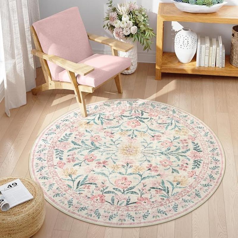 Růžový Květinový Kulatý Koberec Boho Styl Kruhový Koberec pro Evropský Pastorální Pohodlné Dekorativní Koberce Koupelnová Protiskluzová Rohožka ke Dveřím