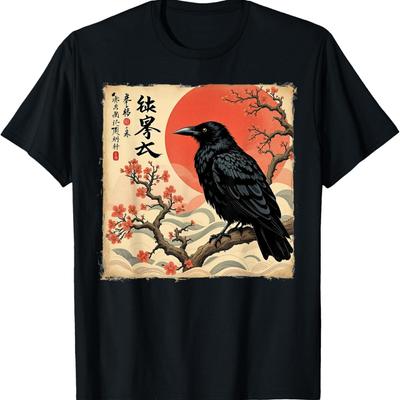 Vintage Bird Black Raven Art Crow Cherry Blossom T-Shirt