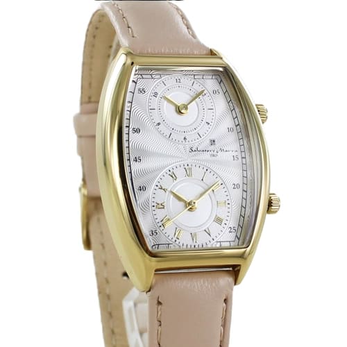 Salvatore Marra No.1 Dual Time Watch, Beige, for Men and Women, with Leather Strap, Unisex, Rectangular and Square Design