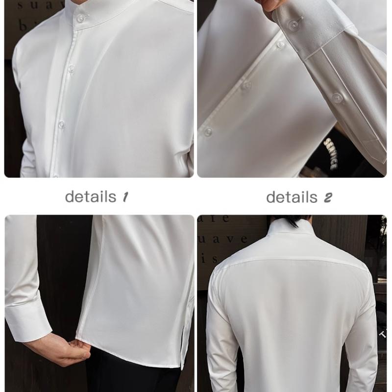Spring Chinese Style High End Stand Up Collar Shirt Men's Long Sleeve Elastic Slimming Social Dress Shirt