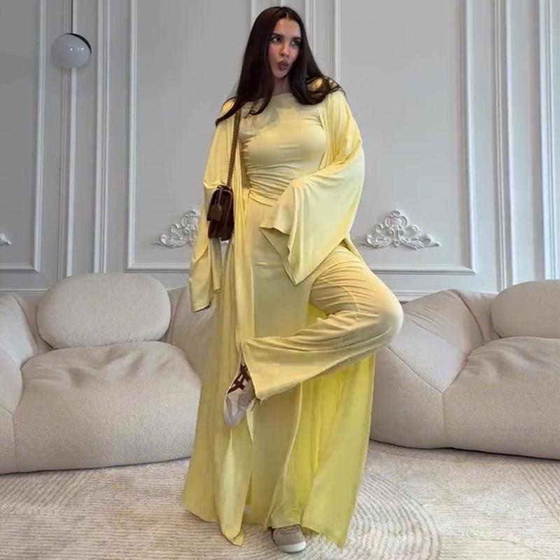 2025 Summer Women's Cross-Border Casual Set: Long Coat, Long-Sleeved T-Shirt, and High-Waisted Pants