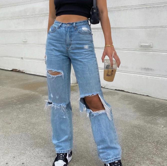Women's Ripped Wide-Leg Thin Denim Pants