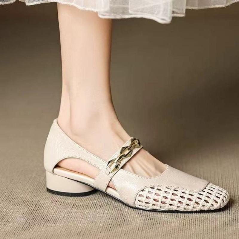 Fashion 2025Net Flat Fashion Sandals New Summer Square Toe Breathable Non-slip Line Button Jane Fishnet Shoes Ladies Shoes