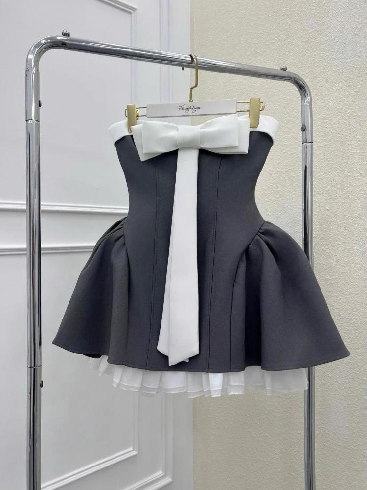 Sommer Neu Vintage Elegant Damenkleid Trägerlos Schleife Patchwork Hohe Taille Puffiges Mini-Kleid Weiblich Französisch Chic Sexy Outfits 2025