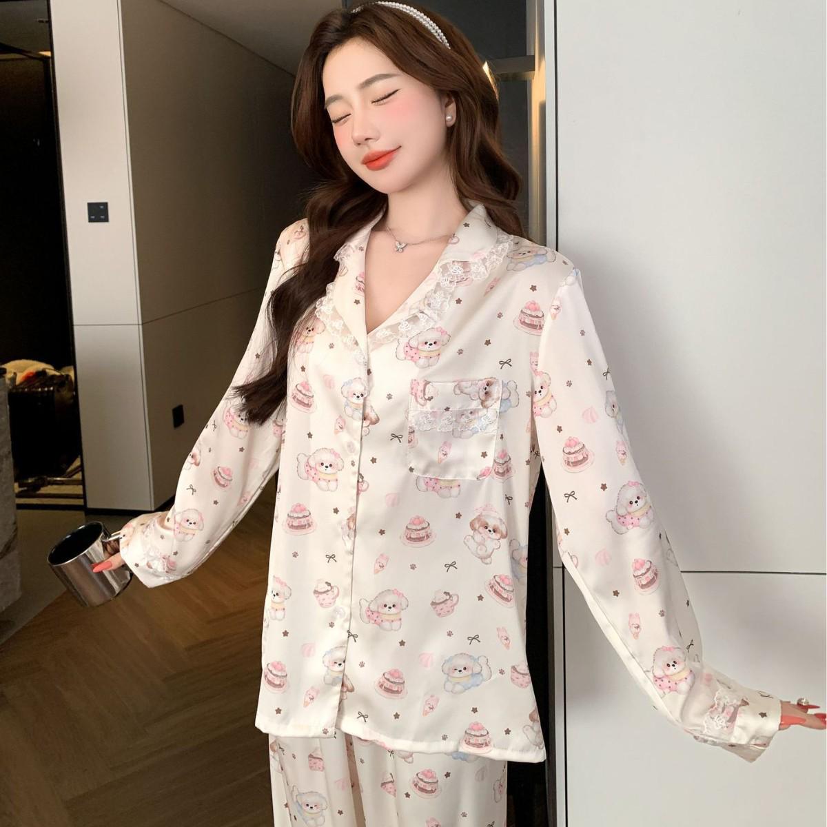 

Women s Cute Coffee Puppy Cartoon Ice Silk Pajamas – Long Sleeve Set for Spring, Ideal for Home or Outings L