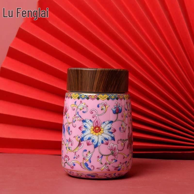 Lu Fenglai Coral Pink Chinese Style Enamel Ceramic Insulated Travel Mug