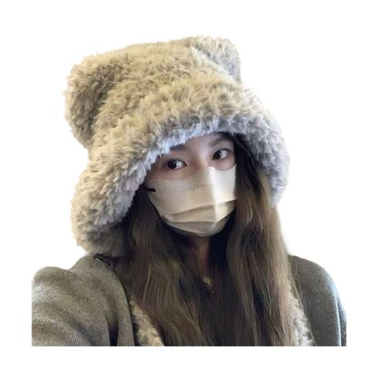 Women Hat Bear Shape Solid Color Winter Knitted Hat with Lace-up Cold Weather Thick Warm Plush Headwear