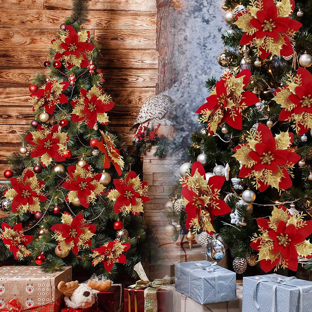 10/50pcs Artificial Glitter Christmas Flowers for Xmas Tree Ornament Fake Flower Floral New Year Party Home Decoratio