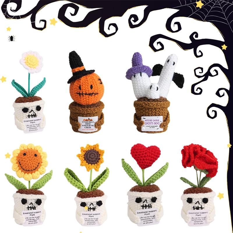 Knitted Spooky Ghost Desktop Ornaments Halloween Crochet Pumpkin With Hat Card Ornament Home Day Of The Dead Party Decor