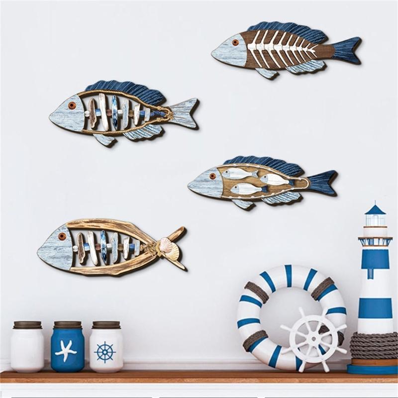 4Pieces Seasides Inspireds Wooden Wall Art Handmade Fish Decorations for Entryway Hallway Interior
