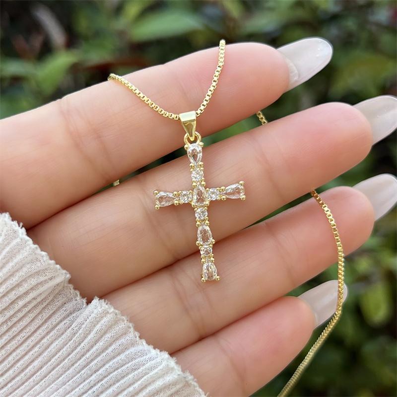 18K Gold-plated Copper Zircon Water Drop Cross Necklace, Classic and Simple Style, Daily Waterproof and Non Fading Pendant