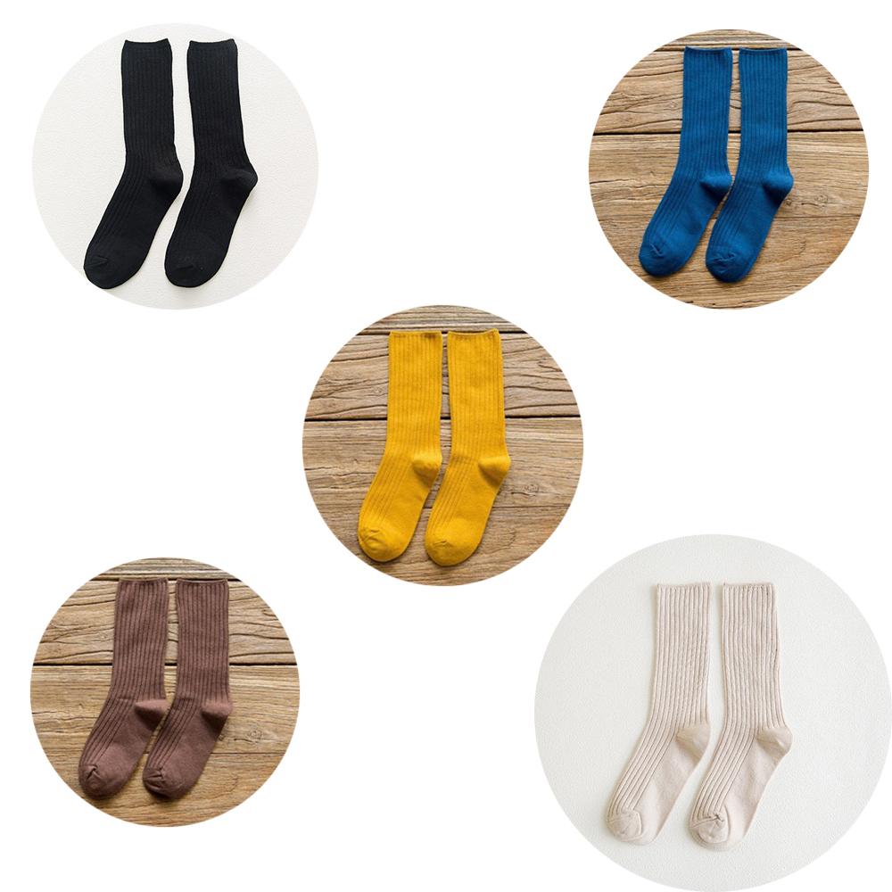 5 Pairs Solid Ribbed Crew Socks Women Mixed Color 4 Seasons Fit Loose Socks Set Daily Basic Sox