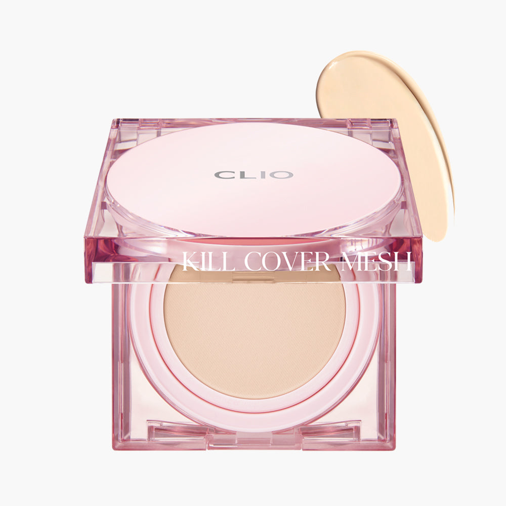 Clio Kill Cover Mesh Glow Cushion Foundation 15g+15g wkład szklana cera, długotrwały, lekki, możliwość budowania krycia, makijaż cery z blaskiem