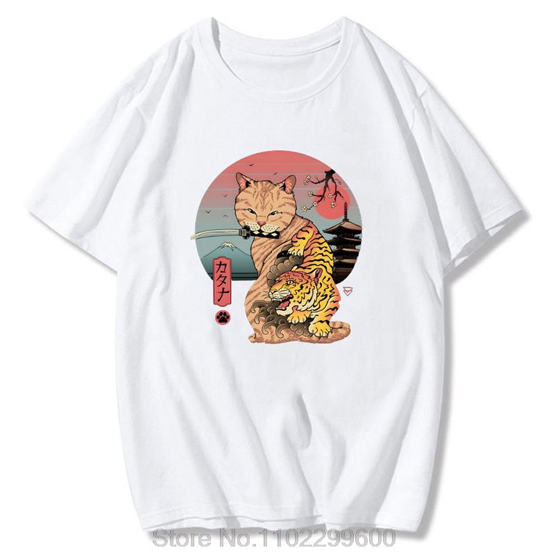Cat Catana Japanese Men T Shirt Streetwear Retro Tshirt Summer Tees Men Women Ukiyo E Style Print Tshirt Unisex ONeck Tops